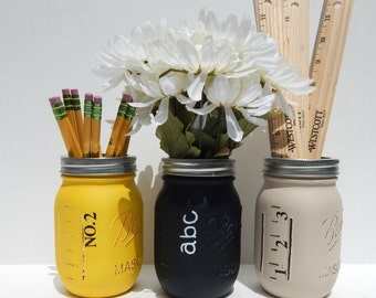 Mason jars, Rustic "Back to School" Mason Jars, Pencil, Chalk, and Ruler, Set of 3, Teacher Gift, Teacher Appreciation, Classroom Decor