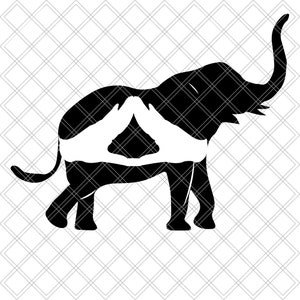 Puede incluir: Silueta negra de un elefante con una forma de tienda de campaña blanca dentro de su cuerpo.