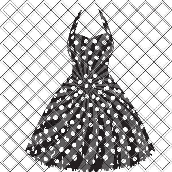 Polka Dot Dress. Front View. Black stylish belt. Vintage fashion. Digital Download. Instant Download.