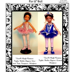 May include: Two ballerina dolls wearing pink and blue tutus with matching headbands. The dolls are posed on stands and are part of a sewing pattern for 12-inch dolls. The pattern is titled "Tina Ballerina Outfits" and includes instructions for making both outfits.