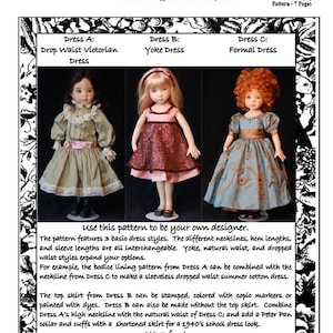 Puede incluir: Un patrón de costura para tres vestidos para una muñeca de vinilo de 33 cm. El patrón incluye instrucciones para un vestido victoriano de talle bajo, un vestido de yugo y un vestido formal. El patrón se titula "3 Vestidos para Pequeña Querida" y es de Nedra's Fully Illustrated Patterns.