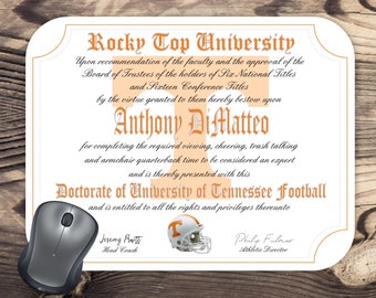Personalized University of Tennessee Volunteers Football - Ultimate Fan Diploma** Mouse Pad - Makes a Great Gift for your sports fan