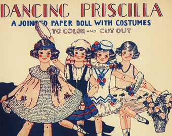 Muñeca de papel digital Priscilla bailando, muñeca articulada con 4 disfraces para recortar y colorear, muñeca de papel antigua de 1927, descarga instantánea en PDF.