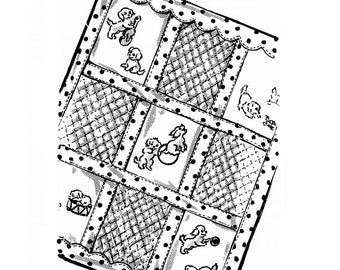 Patrón de colcha vintage de cachorro juguetón para bebé, colcha bordada para cuna (descarga en PDF)
