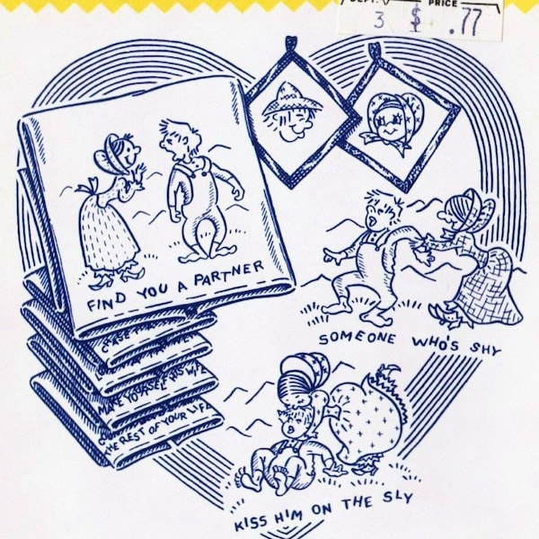 Vintage Dish Towels Embroidery Pattern Hillbilly Romance PDF INSTANT DOWNLOAD Vintage Embroidery Transfer Bride Gift Retro Kitchen Towels