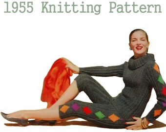1950s Knitting Pattern Cowl Neck Sweater 1950s Capri Pants PDF INSTANT DOWNLOAD Knitted Pants Harlequin Sweater 1950s Sweater Pattern