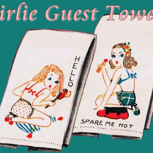 1950s Pin Up Girls Vintage Embroidery Pattern for Guest Towels DIGITAL DOWNLOAD Old Fashioned Girls Appliqued Towels Powder Room Decor
