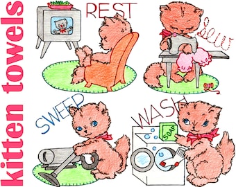 Vintage Busy Kitten Chores Day-of-the-Week Towel Embroidery Designs (PDF Download)