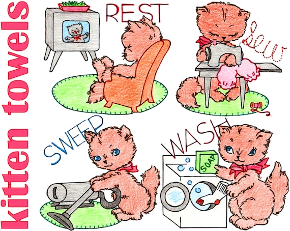 Flour Sack Towel Pattern Day-of-the-week Towels Kitten Towels PDF DOWNLOAD Vintage Embroidery Designs Vintage Dish Towels Cat Kitchen Towels