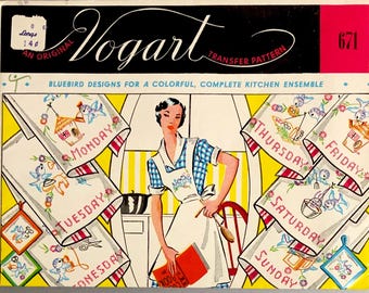 Paños de cocina Vogart 671 Bluebird con el día de la semana, transferencias de bordado vintage
