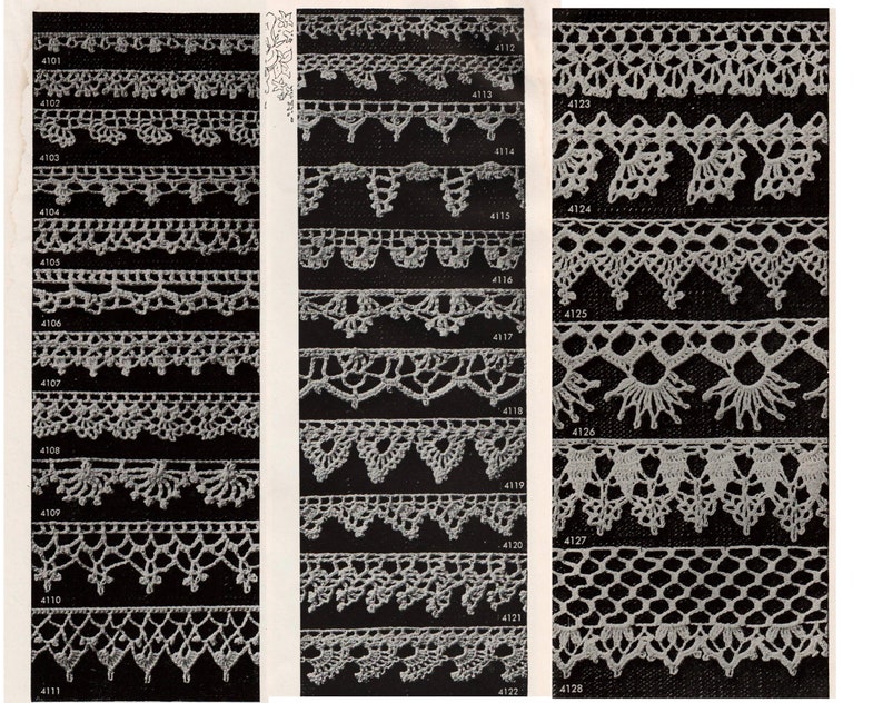 May include: A black and white image showing a variety of crochet lace patterns. The patterns are numbered 4101 through 4128.