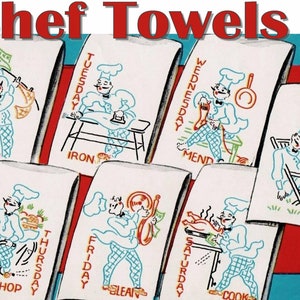 Chef Towels Vintage Kitchen Towel Embroidery Pattern VOGART 654 PDF Instant Download Day-of-the-Week Towels Vintage Tea Towel Embroidery