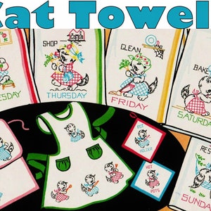 Può includere: Set di sette asciugamani da tè in cotone bianco con immagini ricamate di gatti. Ogni asciugamano presenta un giorno diverso della settimana e un gatto che svolge un'attività diversa. Gli asciugamani sono decorati con ricami rossi, blu, verdi e gialli.