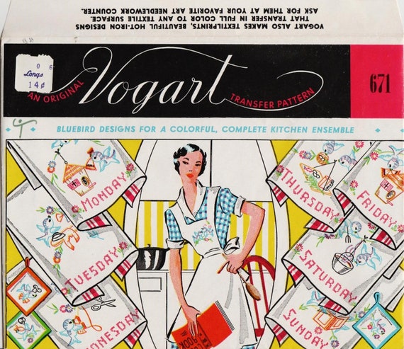 Bluebird Towels Vintage Embroidery Pattern VOGART 671 PDF Instant Download Day Of The Week Towels Flour Sack Towel Set Vintage Kitchen Towel
