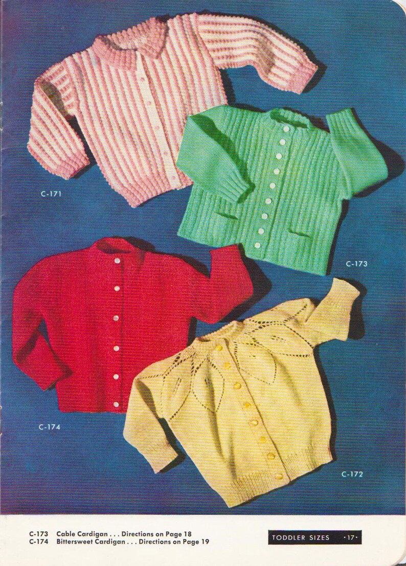 May include: Four knitted toddler cardigans in different colors and patterns. The cardigans are pink and white striped, green, red, and yellow with a leaf pattern. The cardigans are all button-up and have long sleeves.