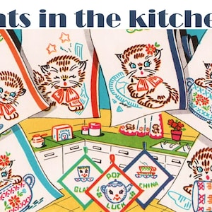 Cats in the Kitchen VOGART 694 PDF DOWNLOAD Embroidered Cats Kitchen Cats Kitchen Towels Pattern Vintage Tea Towel Embroidery Pattern