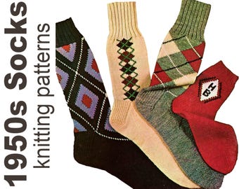 Vintage Socks Knitting Patterns PDF INSTANT DOWNLOAD Argyle Sock Pattern Retro Socks Monogrammed Socks Womens Socks Mens Socks Kids Socks