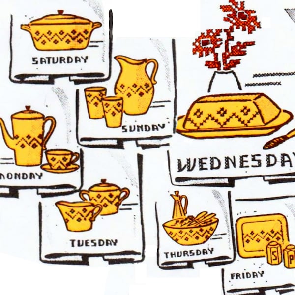 Mid Century Kitchen Towels Pattern Day Of The Week Towels PDF INSTANT DOWNLOAD Flour Sack Tea Towel Embroidery Transfers Vintage Dish Towels