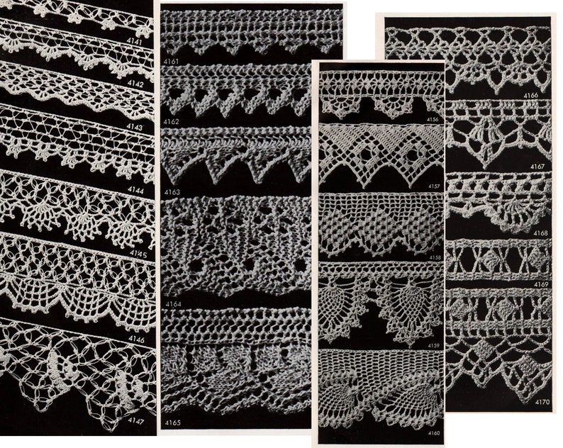 May include: A collection of 12 different crochet lace patterns, each with a unique design. The patterns are numbered 4141 through 4170.