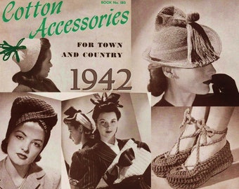 1940s Crochet Pattern PDF Download COTTON ACCESSORIES 1940s Hat Pattern Crochet Hats Crochet Collars Crochet Bag 1940s Bag Crochet Sweater