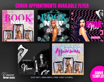 CANVA | 5 Book Now Flyer Bundle | Appointments Available Flyer | Editable Book Now Flyer DIY | Social Media Template | Lash Flyer