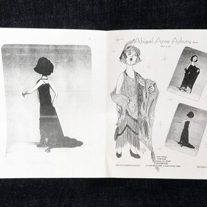 May include: Black and white illustration of a woman wearing a long dress and a hat. The illustration is on a white background with stars. The text "Abigail Anne Asbury" is at the top of the page.