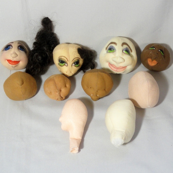 Cloth Doll Heads Hand Made Lot of 10 Finished Form Various Skin Color White Pink Brown Tan Painted Stitched Artist Making Parts Model