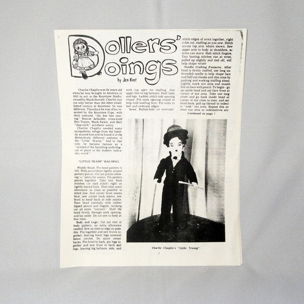 Charlie Chaplin Cloth Rag Doll Pattern Little Tramp Jen Kost 1960's 11" Tall Making Pattern Instructions Sewing Beading Actor Comic Film