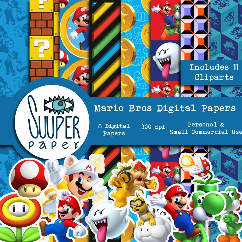 Mario Bros Digital Papers 8 Designs 12x12in, 30x30 cm Ready to Print High Quality image 1