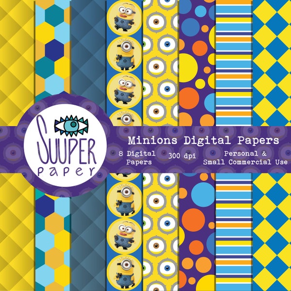 Minions Digital Papers - 8 Designs 12x12in, 30x30 cm - Ready to Print - High Quality