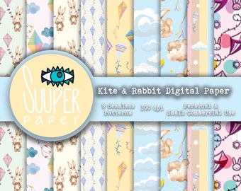 KITES and RABBITS Summer Digital Papers- SEAMLESS - 9Designs 12x12in, 30x30 cm - Ready to Print - High Quality