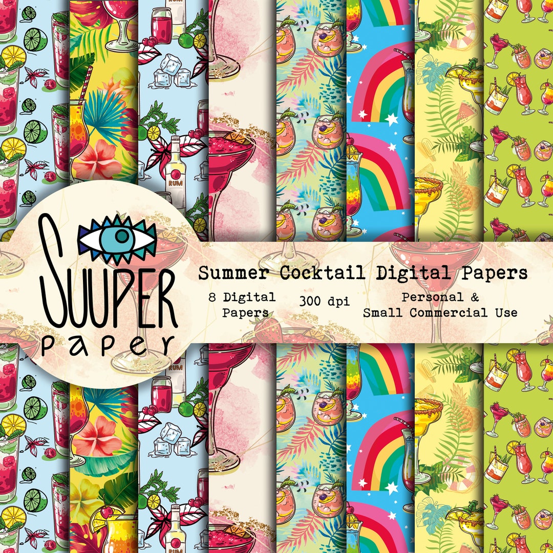SUMMER COCKTAIL Digital Papers - 8 Designs 12x12in, 30x30 Cm - Seamless ...