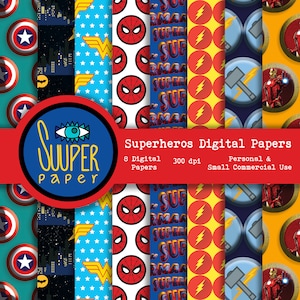 Carte digitali SUPERHERO - 8 disegni 12x12 pollici, 30x30 cm - MODELLI - Pronti per la stampa - Qualità eccellente