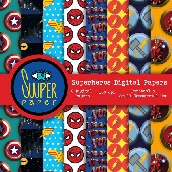 SUPERHEROS Digital Papers - 8 Designs 12x12in, 30x30 cm - SEAMLESS - eady to Print - High Quality