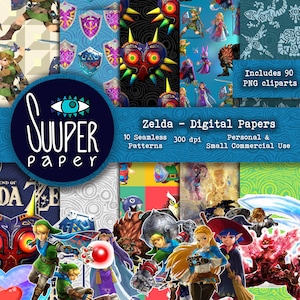 Papiers numériques ZELDA + 90 Clip Art fond transparent - 10 modèles 30 x 30 cm - Motifs - Prêt à imprimer - Excellente qualité
