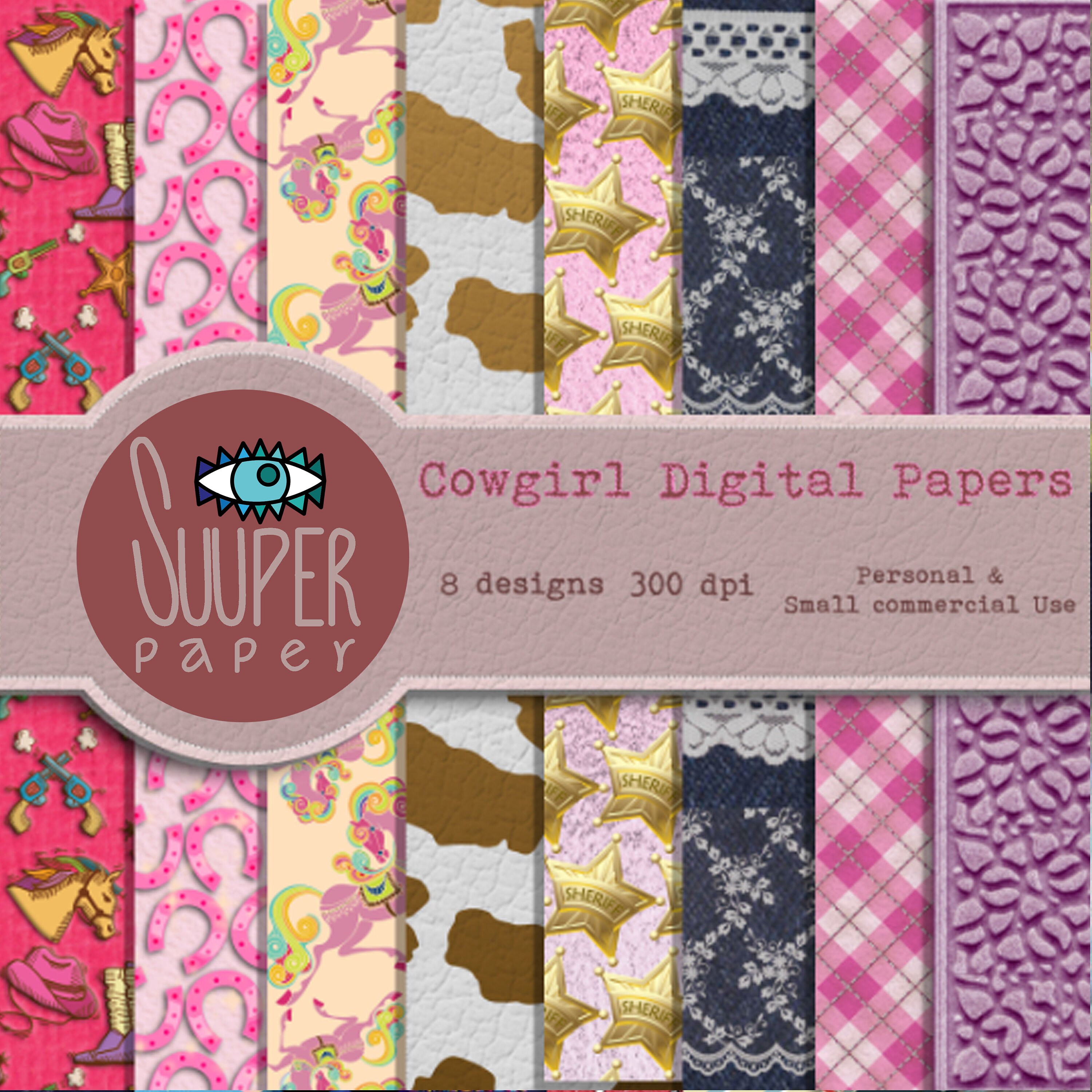 Cowgirl Digital Papers 8 Designs 12x12in, 30x30 Cm Ready to Print High