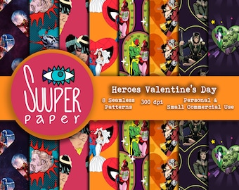 HEROES VALENTINE'S DAY Repeated digital papers - Seamless - 8 Designs 12x12in, 30x30 cm - Ready to Print - High Quality