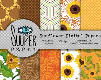 SUNFLOWER digital Papers - 10 Designs 12x12in, 30x30 cm - Ready to Print - High Quality