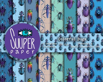 COLORFUL BUGS Repeated digital papers - Seamless - 8 Designs 12x12in, 30x30 cm - Ready to Print - High Quality