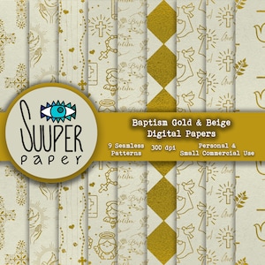 Beige & Gold BAPTISM Digital Papers- SEAMLESS - 12 Designs 12x12in, 30x30 cm - eady to Print - High Quality