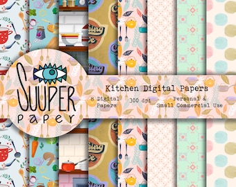 KITCHEN Digital Papers - 8 Designs 12x12in, 30x30 cm - Ready to Print - High Quality