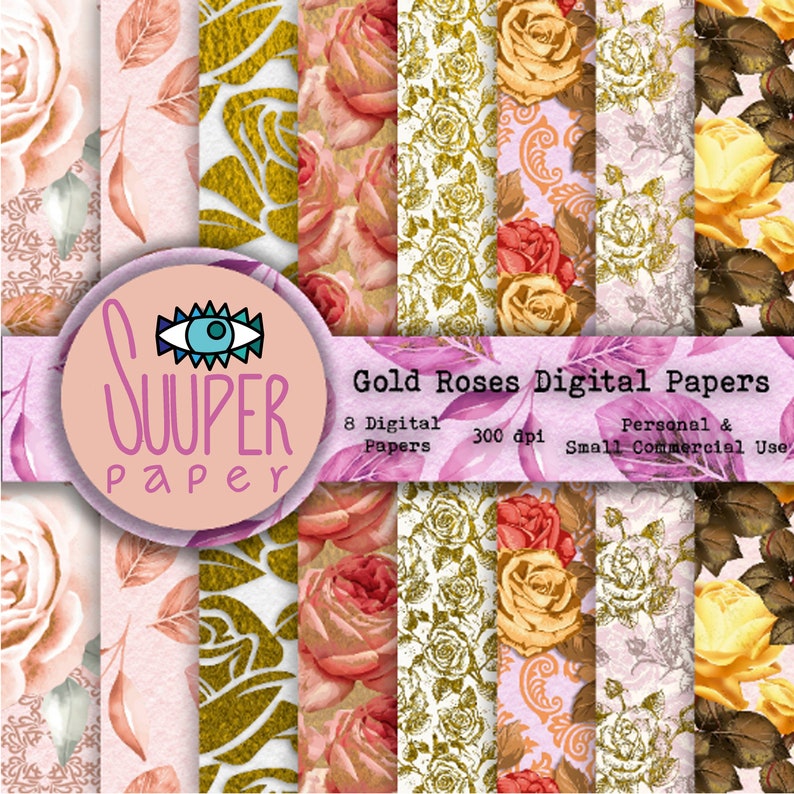 GOLD ROSES Digital Papers 8 Designs 12x12in, 30x30 cm Ready to Print High Quality image 1