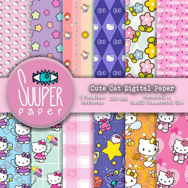 Cute KITTY CAT Digital Papers- SEAMLESS - 12 Designs 12x12in, 30x30 cm - eady to Print - High Quality