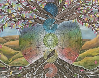 ORIGINAL Tree of Life Painting on Canvas: 24" x 24" Acrylic Visionary Mandala Art by Sierra Rose