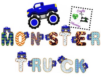 Monster Truck Applique - Monster Truck Embroidery - Embroidery Design - Applique Design - Truck Font - Boys Embroidery File - Applique Font