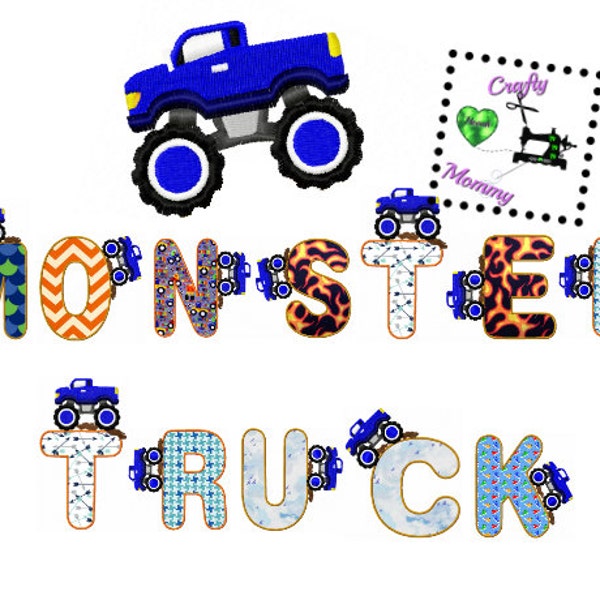 Monster Truck Applique - Monster Truck Embroidery - Embroidery Design - Applique Design - Truck Font - Boys Embroidery File - Applique Font