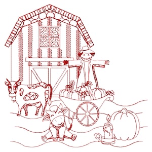 Fall embroidery design - Farm embroidery design - Redwork embroidery design - line embroidery design - farm house embroidery - redwood