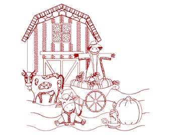 Fall embroidery design - Farm embroidery design - Redwork embroidery design - line embroidery design - farm house embroidery - redwood