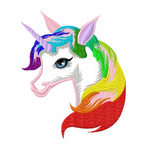 May include: A rainbow unicorn head with a white face, purple, blue, green, yellow, and red mane and tail. The unicorn has a pink nose and a light blue eye.