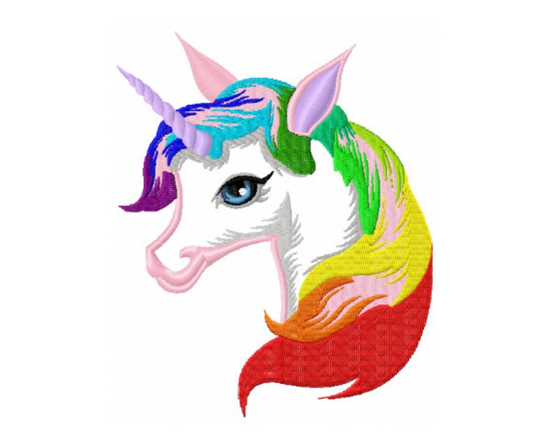 May include: A rainbow unicorn head with a white face, purple, blue, green, yellow, and red mane and tail. The unicorn has a pink nose and a light blue eye.